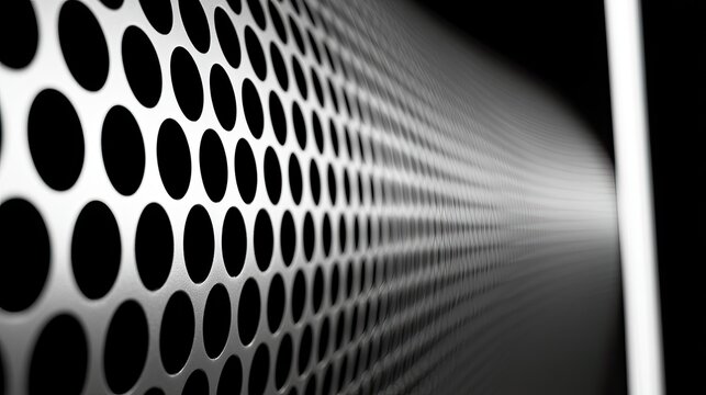 Perforated metal panel with a repeating circular pattern receding into darkness