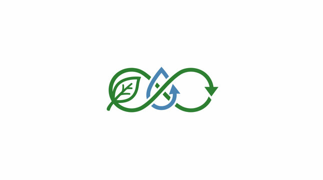 Infinity symbol logo design featuring an integrated green leaf and blue water droplet representing sustainability and eco friendly concepts.