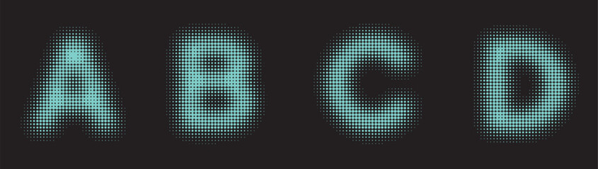 Set of halftone letters A, B, C, and D in a stylish cyan dot pattern on a dark grey background. © MOHAMMADSHARIFUL