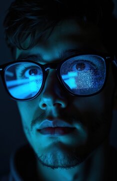 Young man wears glasses in dark room illuminated by bright computer screen light. Portrait face close up reflects digital binary code on lenses. Serious male student looks at monitor studying