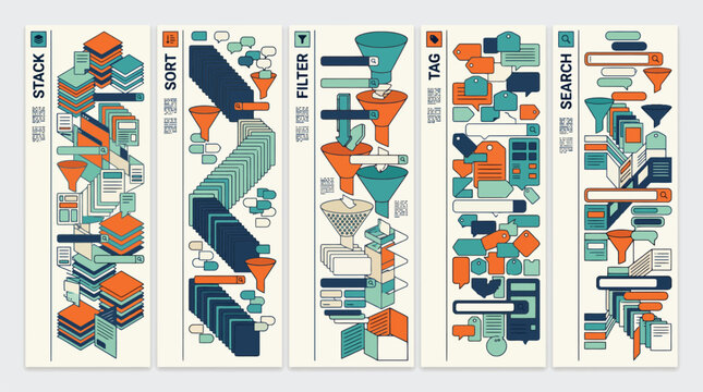 Data management infographic banners set, isometric stack sort filter tag and search icons, flat vector business analytics visualization