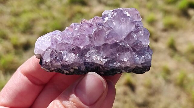 Natural mineral amethyst in hand. Semi-precious multi-colored stones, minerals close-up. Mineralogy. Mineral collection.