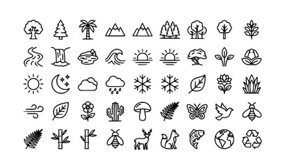 Obraz premium Nature Line Art Icon Set with Trees Mountains Wildlife and Eco Outline Symbols