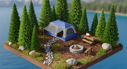 Obraz premium Isometric Miniature 3D Render of a Cozy Camping Site in the Forest