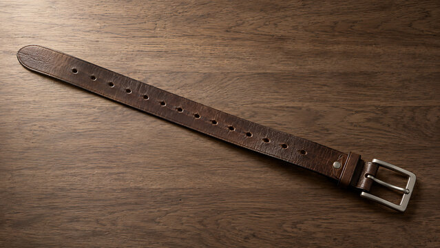 Inflation forces people to tighten their belts. Single leather belt on dark wooden surface representing tightening budget