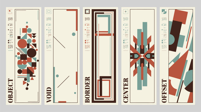 Retro geometric bookmark set with abstract bauhaus patterns, vintage mid-century modern vertical banners, 5 vector graphic layouts for print