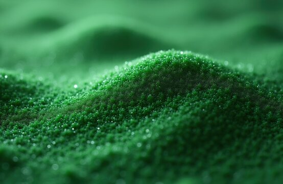 Small green plastic polymer pellets form wavy landscape background. Tiny synthetic resin beads pile creates macro surface texture. Industrial chemical material grain heap provides detailed abstract