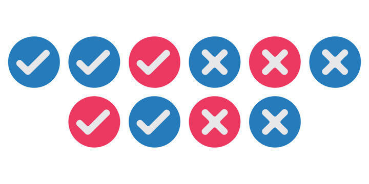 Check mark icon button set featuring green tick box and red cross mark symbols for yes or no selection, voting, and decision-making UI design