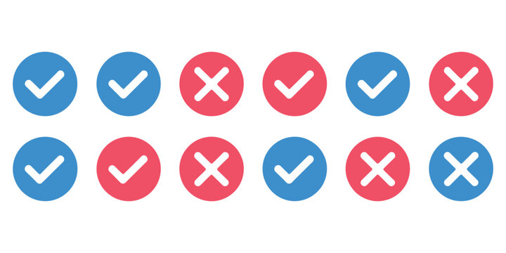 Check mark icon button set featuring green tick box and red cross mark symbols for yes or no selection, voting, and decision-making UI design