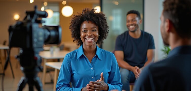 Smiling black businesswoman talks in front of professional camera during video interview at modern office workspace. Female manager answers questions for news media broadcast report. Crew films