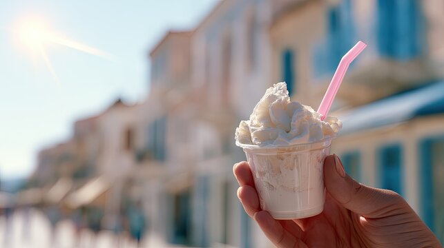 Hand holding creamy dessert with straw against sunlit European street
