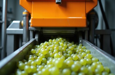 Obraz premium Fresh white grapes move on conveyor belt into crushing machine at winery. Grapes are processed for juice and fermentation. Harvest season winemaking production.