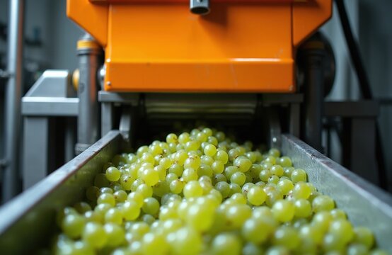 Fresh white grapes move on conveyor belt into crushing machine at winery. Grapes are processed for juice and fermentation. Harvest season winemaking production.