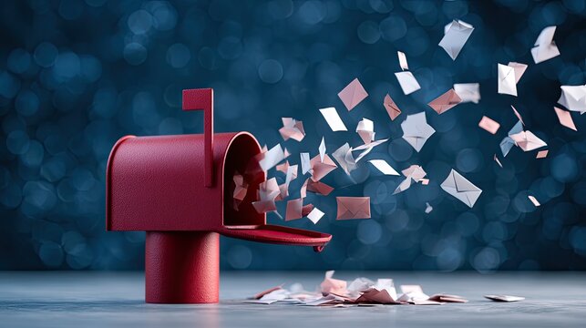Red mailbox overflows with envelopes and papers, scattered in air