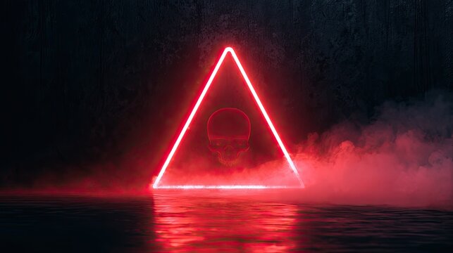 Red neon triangle frames a glowing skull, surrounded by mist