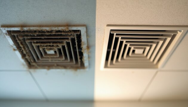 Split view compares dirty air vent grille covered in thick dust with clean white ventilation system panel. Before after visual transformation highlights pro deep cleaning service results for