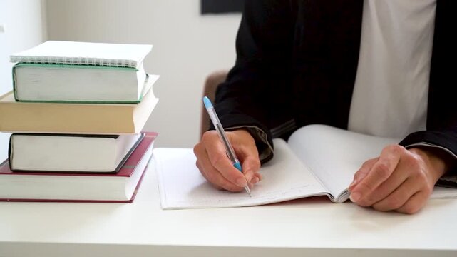 Student writing notes and studying at desk with stack of textbooks