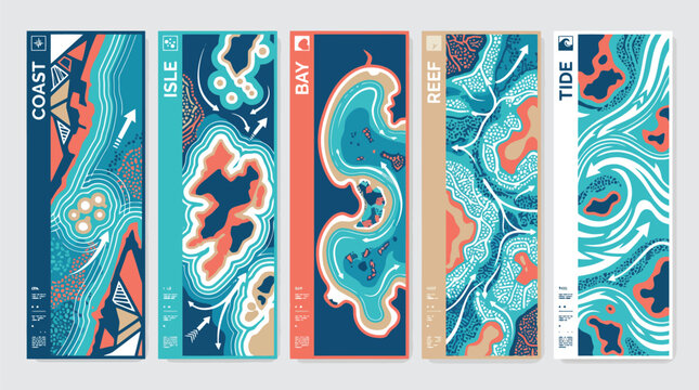 Abstract nautical map banners set, coastal ocean topography vector illustrations, 5 vertical sea charts with coast isle bay reef and tide themes