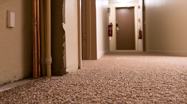 Textured brown carpet floor in a dimly lit hallway with exposed pipes leading to a closed door, depicting an old and worn interior space