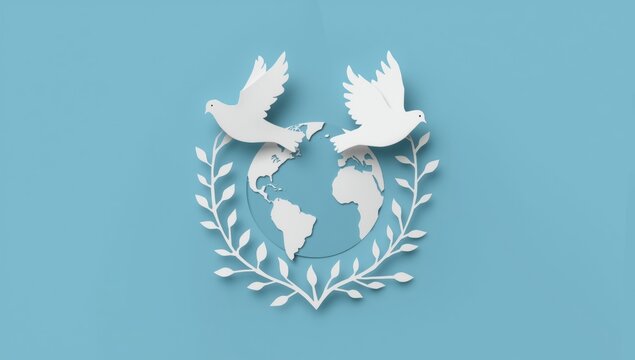 Minimalist paper composition of two white doves and a globe surrounded by a leaf wreath on blue background