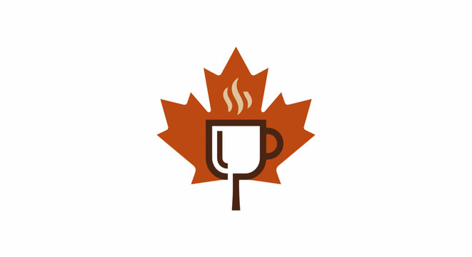 Minimalist logo design featuring a steaming coffee cup inside a Canadian maple leaf.