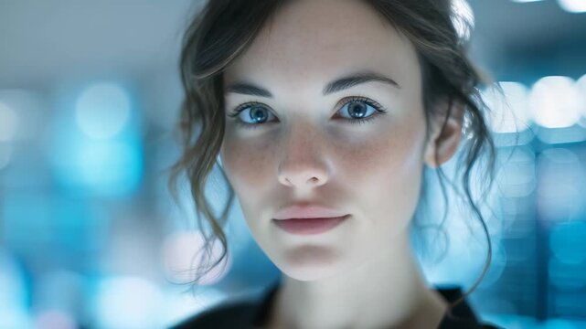 Portrait of a professional woman in a contemporary workspace, exuding confidence and calmness. The soft focus and blue tones add a trendy, sophisticated atmosphere to the image