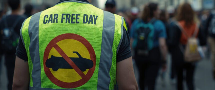 Participant wearing a visibility vest with car free day during an urban environmental awareness protest
