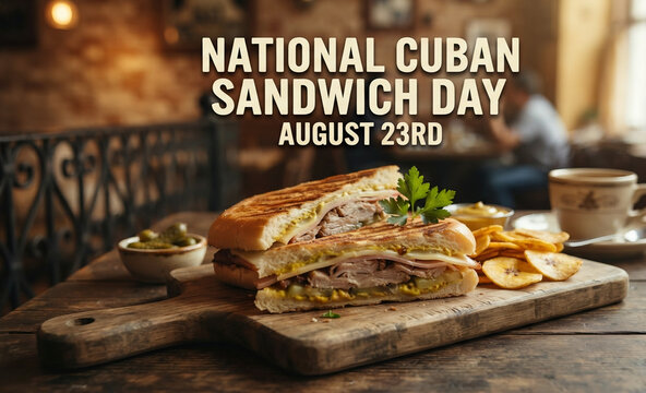 National Cuban Sandwich Day August 23rd Concept with Pressed Pressed Sandwich and Plantain Chips on Wooden Board