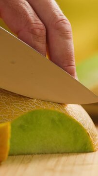 Melon close up, man cutting Watercolor of a whole melon and slice, summer juicy fruit