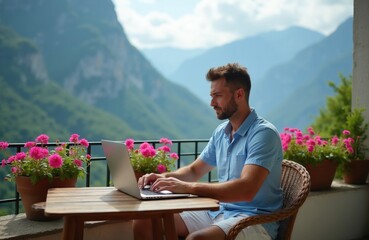 Obraz premium Man works on laptop on balcony with mountain backdrop. Pink flowers bloom nearby. He is dressed in casual summer attire, enjoying a remote work setup. Scenic view inspires productivity and relaxation.