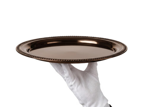 Service hand in white glove holding empty polished dark bronze tray as isolated on transparent background