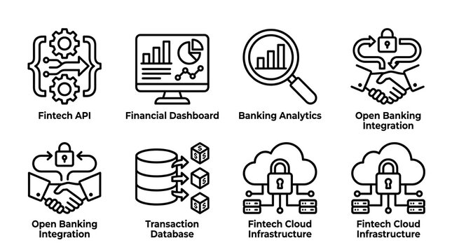 Fintech and Digital Banking Outline Icon Set