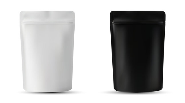 Minimalist stand-up pouch mockup set, white and black plastic doy pack vector, 2 realistic food packaging bags for branding
