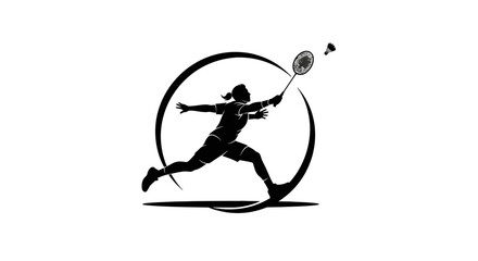 Dynamic silhouette of a female badminton player in action, striking a shuttlecock with her racket within a circular design. © Bawoto