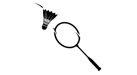 A black and white illustration of a badminton racket about to hit a shuttlecock in mid-air. © Bawoto
