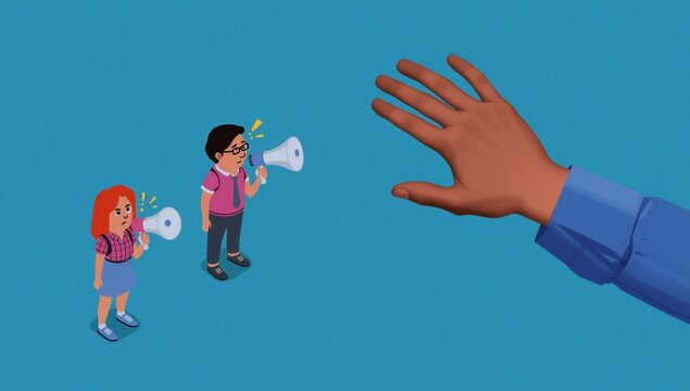 Small people holding megaphones facing a giant hand reaching out from the side in an isometric blue background