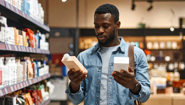 Choosing products: A man in a retail store carefully examines two items, comparing them before making a purchase decision.