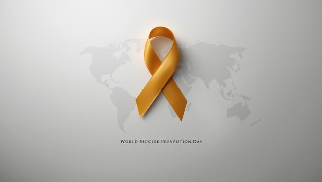 Suicide prevention day concept with a golden orange awareness ribbon centered over a subtle map background