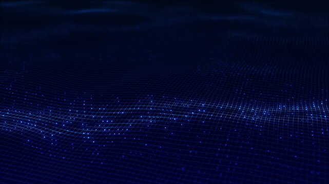 Futuristic blue mesh data floor dotted grid waves, dark perspective, and glowing particle field. science explainers, data graphics, cyber security intros, digital dashboards, modern tech overlays.
