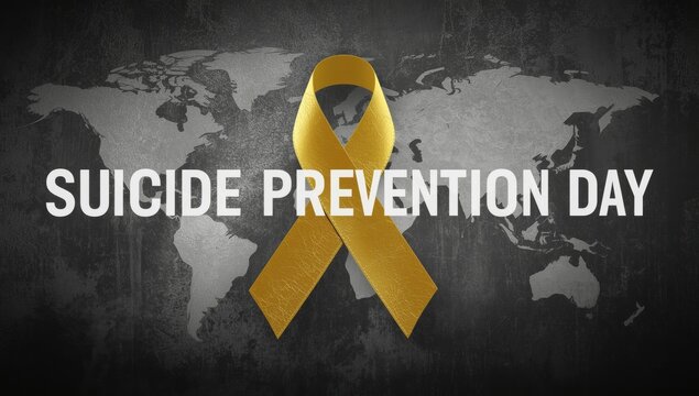 Suicide prevention day concept with yellow awareness ribbon and global map background, for mental health support