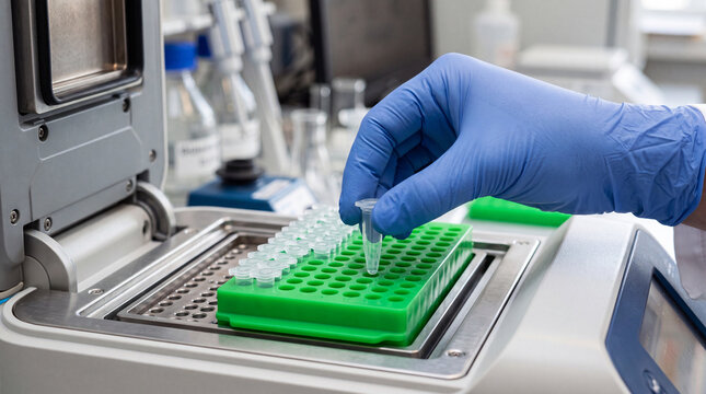 Macro Laboratory Photograph of Gloved Hand Inserting PCR Microtube into Green Rack Inside Real-Time PCR Thermal Cycler Machine