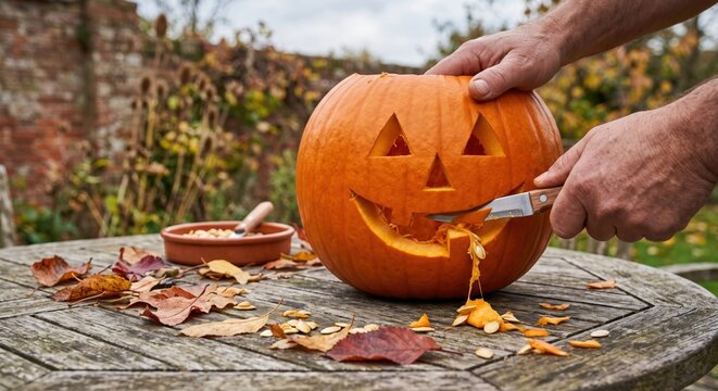 Hands carving a Halloween pumpkin on an outdoor wooden table covered