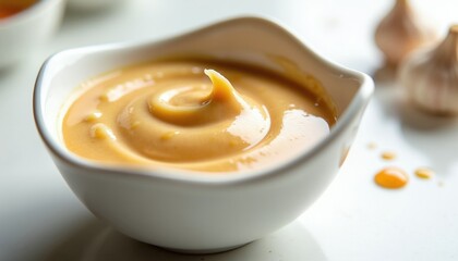 Obraz premium Creamy garlic soy sauce swirl in white dipping bowl. Garlic bulbs in background. Sauce drips on clean white table. Culinary presentation with smooth liquid.