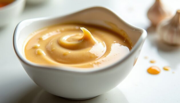 Creamy garlic soy sauce swirl in white dipping bowl. Garlic bulbs in background. Sauce drips on clean white table. Culinary presentation with smooth liquid.