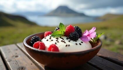 Fototapeta na wymiar Creamy skyr cheese dessert with fresh berries and mint in rustic bowl. Icelandic landscape backdrop with green hills and calm blue water. Healthy breakfast or snack.