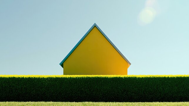 Minimalist yellow house with sharp roofline, framed by green hedge and field