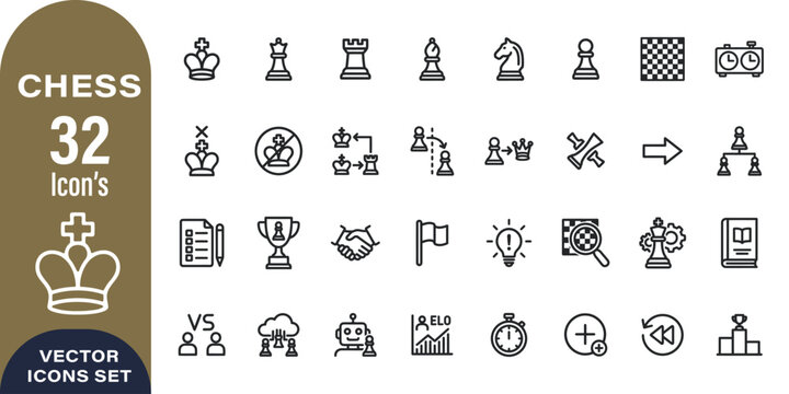 Chess icon set 32 line art vector graphics for strategy games and educational materials