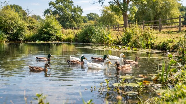 Ducks swimming in farm pond on sunny day in hot weather  