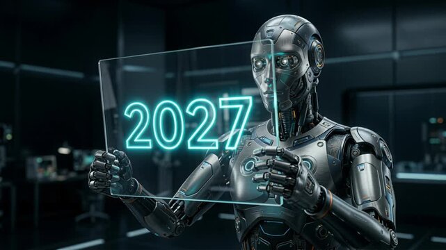 Humanoid robot presenting glowing 2027 numbers on a transparent screen in a futuristic laboratory, symbolizing artificial intelligence and New Year technology