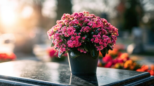 Vibrant pink blossoms adorn a gravestone, bathed in soft, hazy sunlight